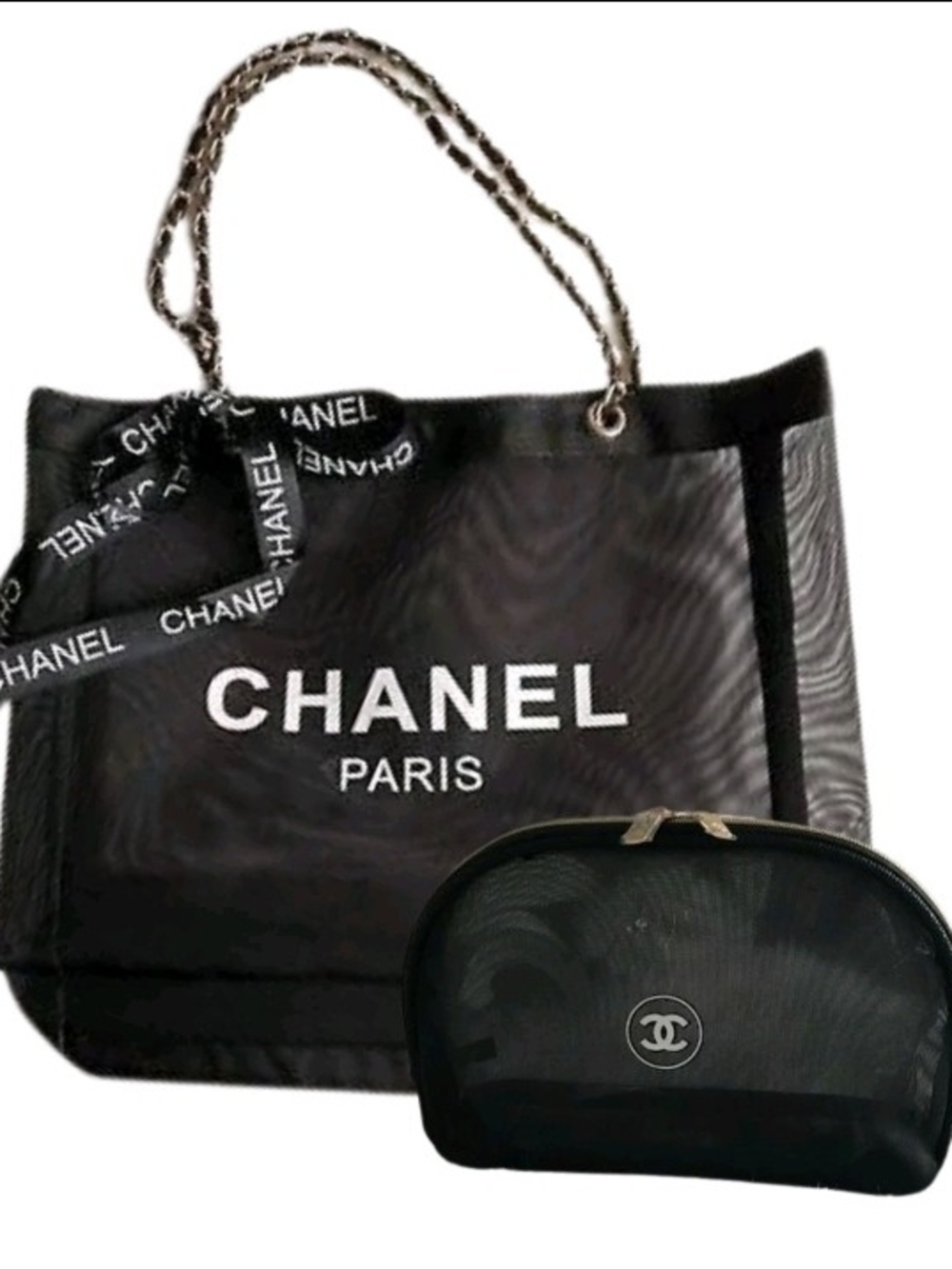 CHANEL Black Mesh Tote with Matching Black Cosmetic Pouch - VIP Gift Set